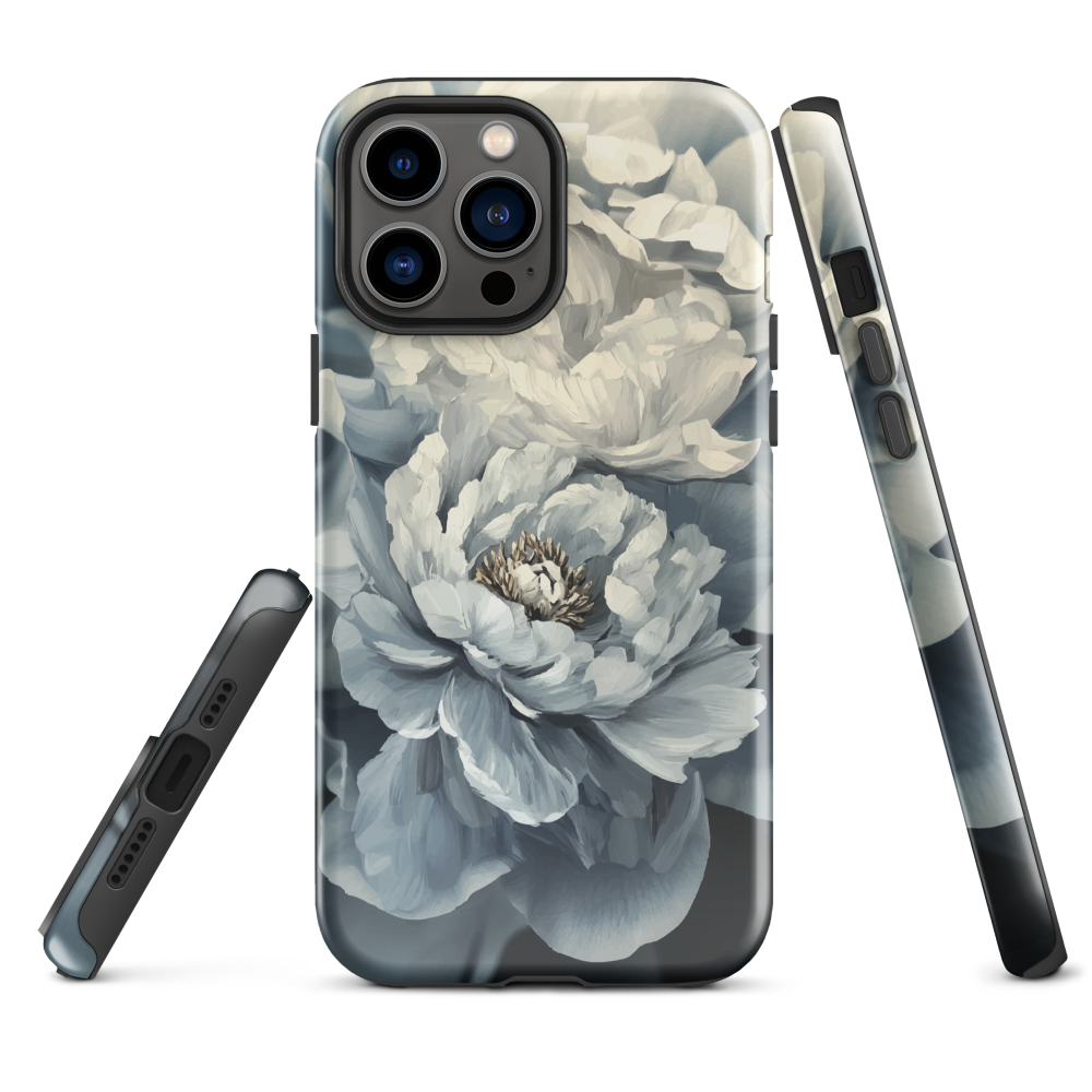 'Whisper' iPhone case features a stunning close-up of softly painted peony blooms in dreamy shades of ivory, grey, and smoky blue.