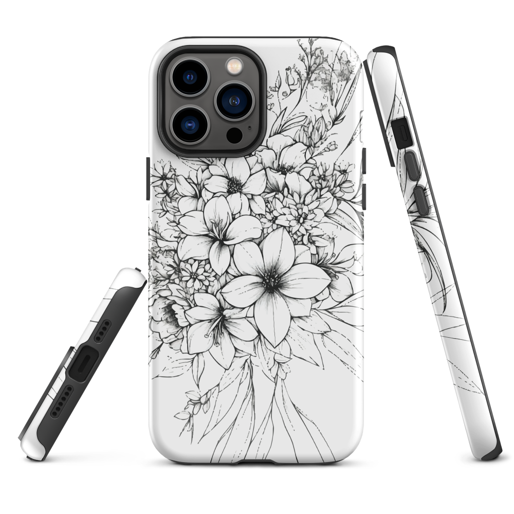 Black and white floral phone case with hand-drawn lilies and wildflowers