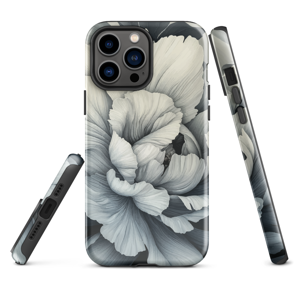 Black and white floral phone case featuring a soft, moody peony design by New Zealand artist Ben Hart.
