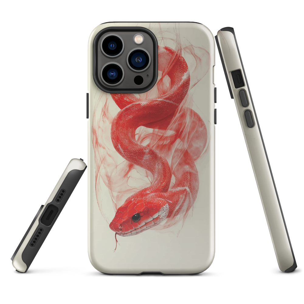 Phone case with red snake design on a cream background, coiled in smoky detail. Bold artwork by NZ designer Ben Hart.