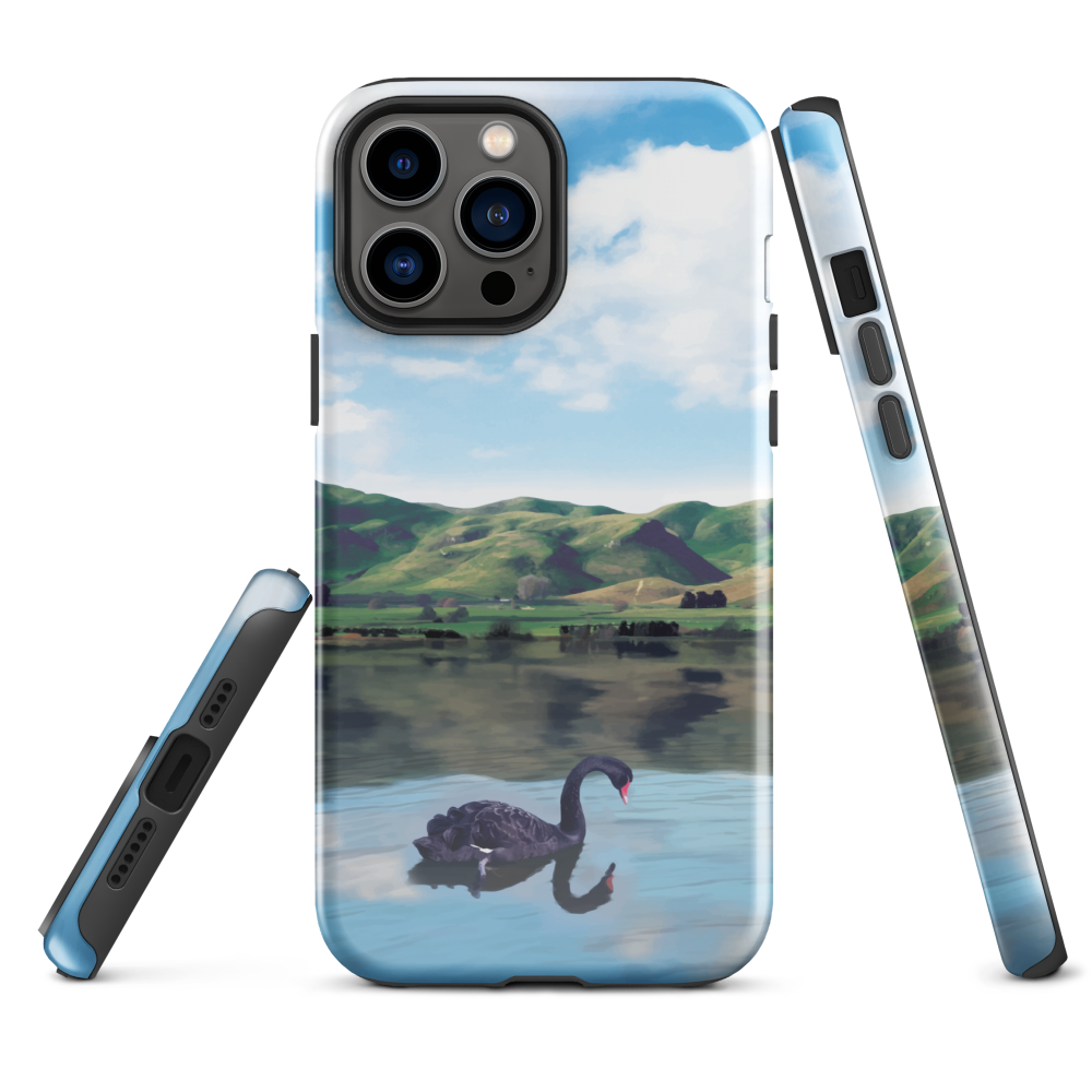 Phone case with a black swan on a calm lake, New Zealand hills in the background. Art by NZ designer Ben Hart.