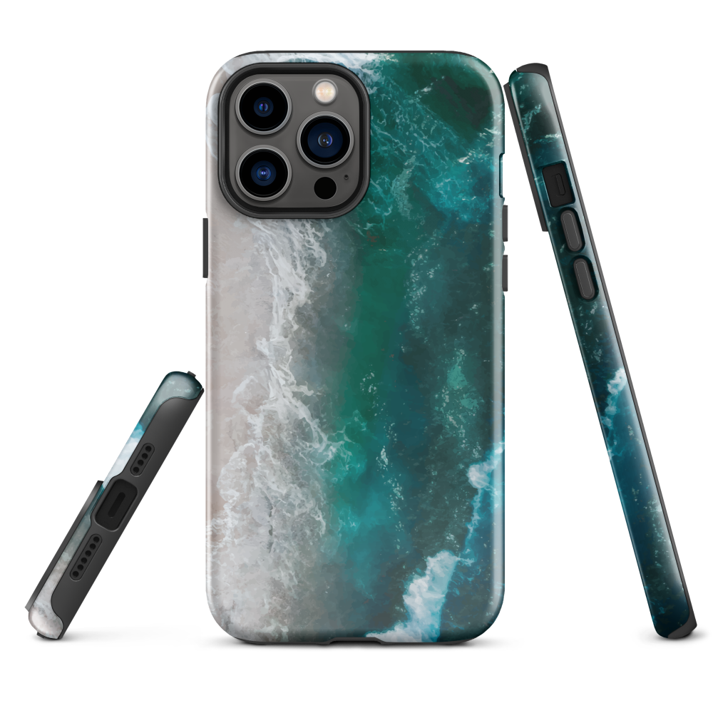 Ocean wave phone case with abstract beach design in teal and white, by NZ artist Ben Hart.
