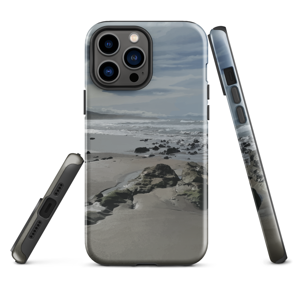Phone case with artwork of Riversdale Beach, Masterton – rocks, waves and sky by NZ artist Ben Hart.