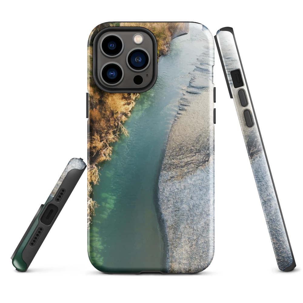 Phone case with aerial riverbend artwork and earthy tones, designed by New Zealand artist Ben Hart.