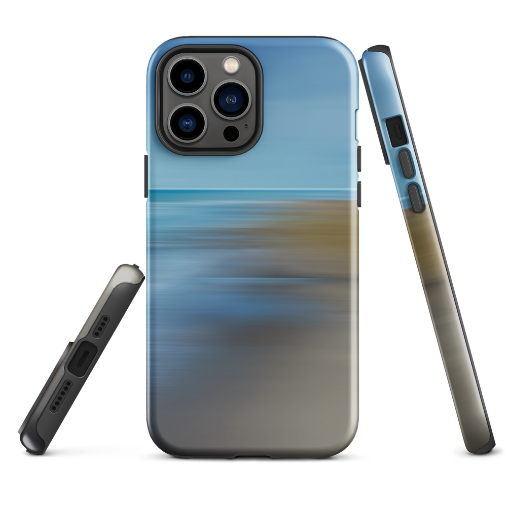 Ocean Breeze phone case with abstract blue and sandy tones inspired by sea and sky.