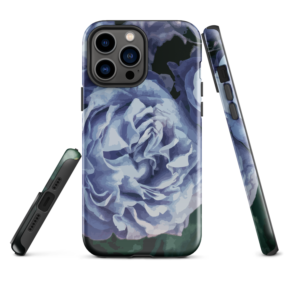 Designer phone case with a bold blue rose artwork and glossy finish.