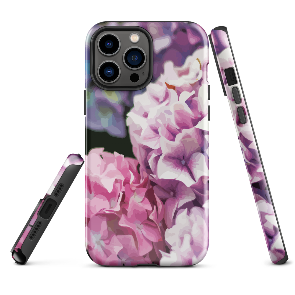 Designer phone case with pink and purple hydrangea floral artwork.