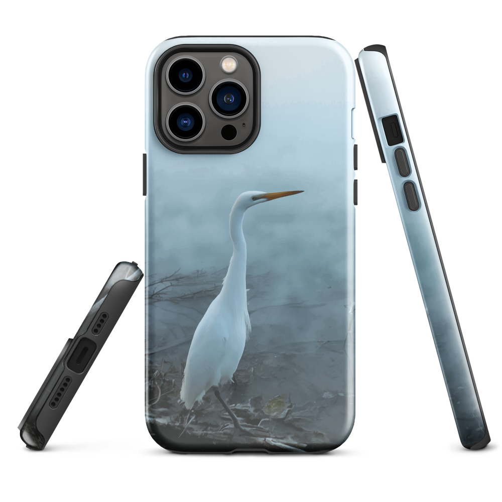Phone case with a white heron standing in a misty wetland scene.