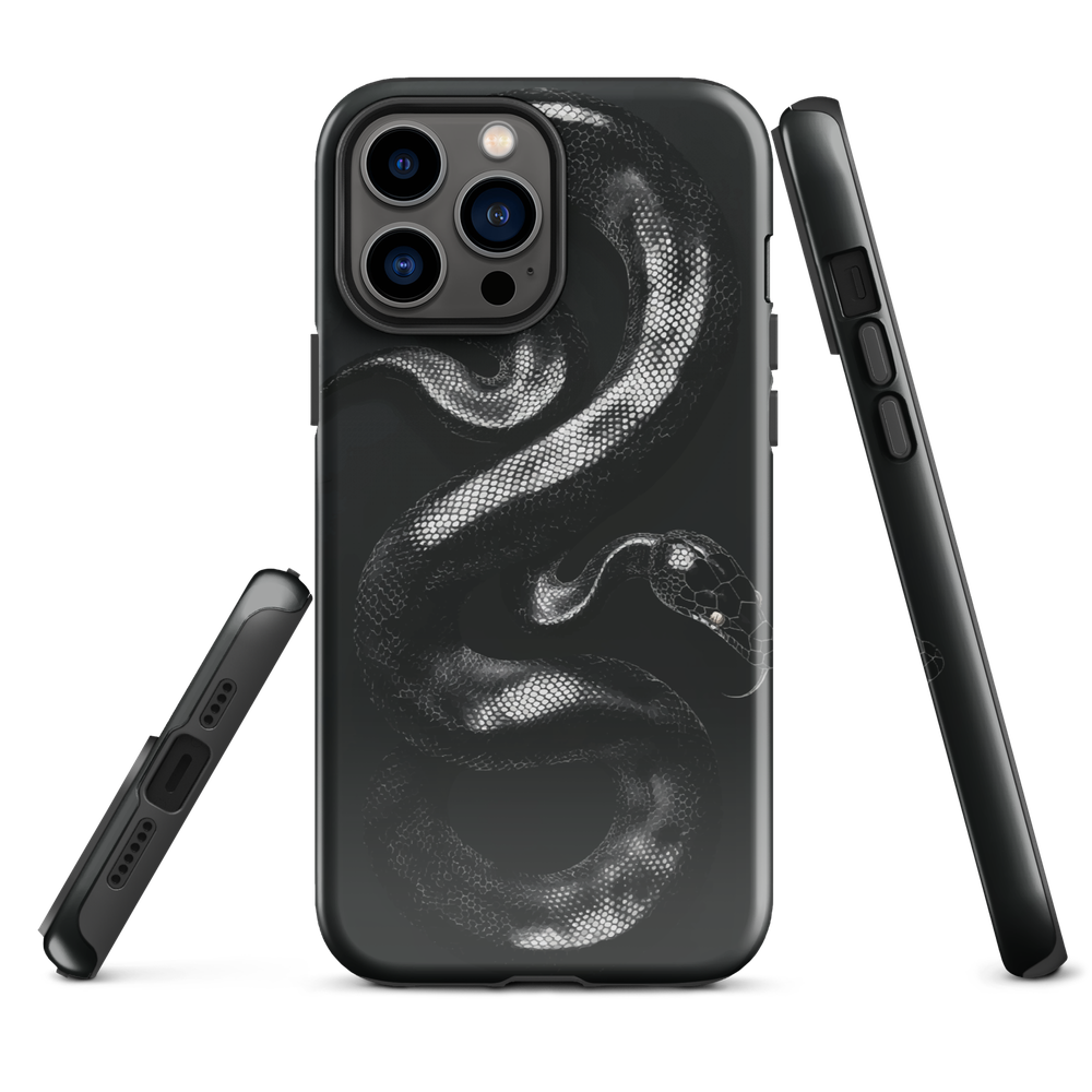 Phone case with detailed black python design on dark background.