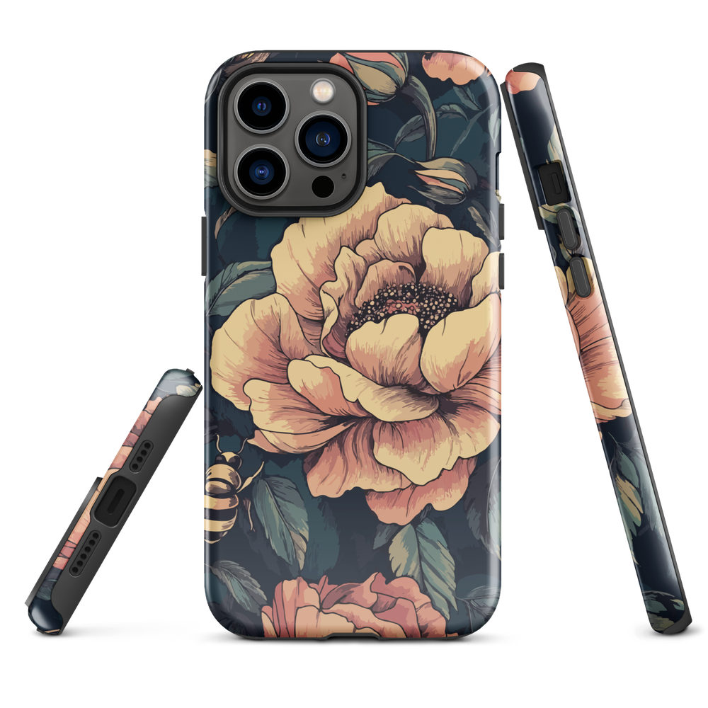 Phone case with vintage-style pink roses and bees on dark background, floral New Zealand artwork.