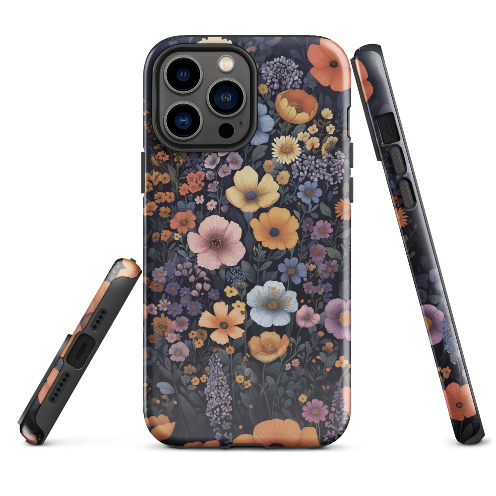 Phone case with colourful wildflowers on dark background, floral art design