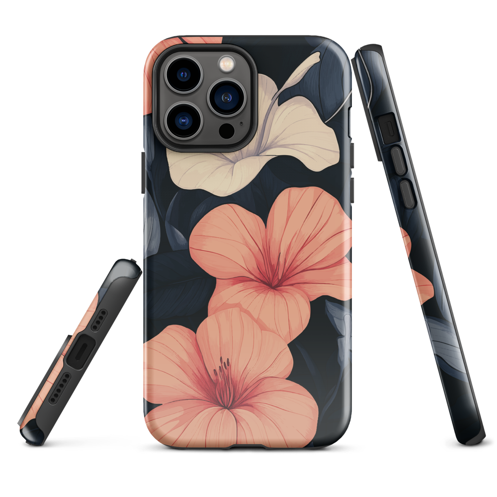 Phone case with coral hibiscus flowers and ivory blooms on dark background