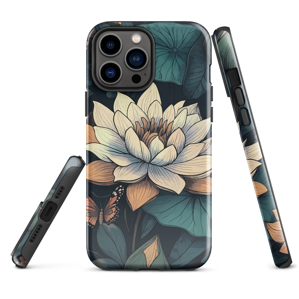 Phone case with ivory water lily, green leaves, and butterfly accents on dark background