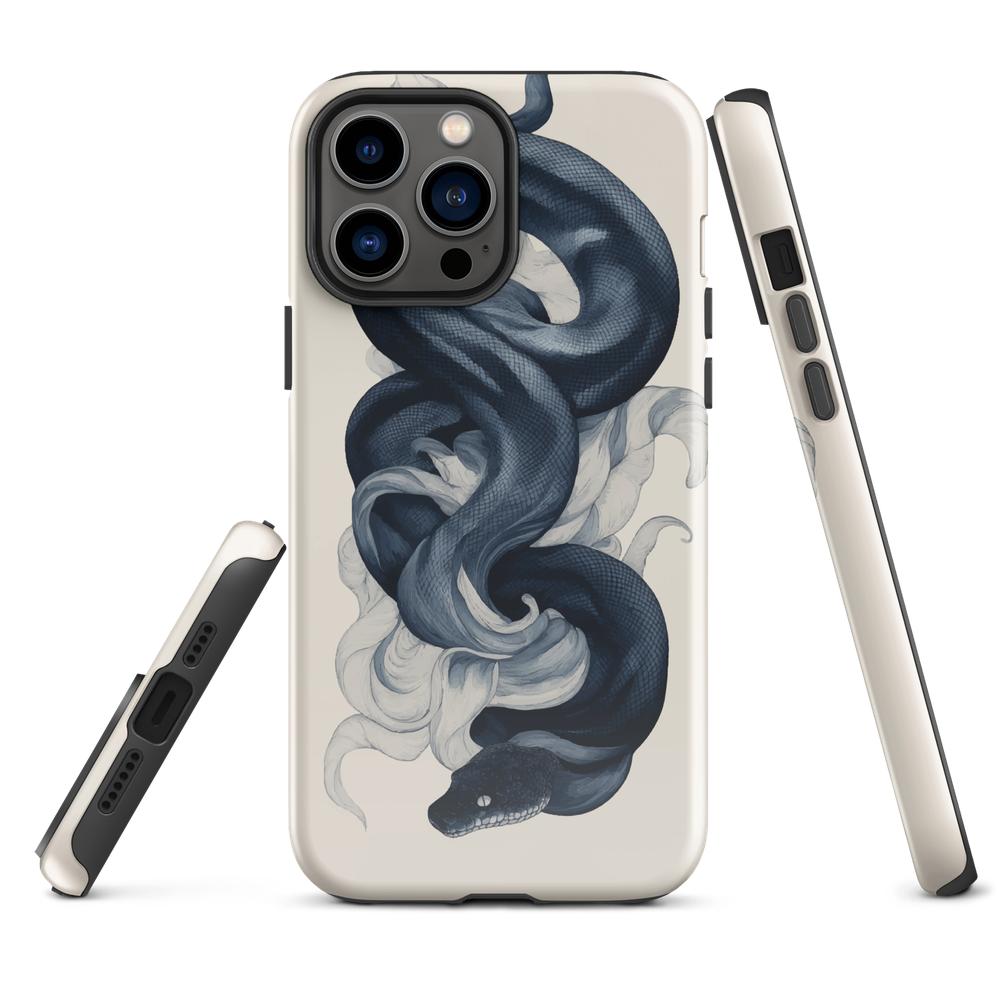 Phone case with black python and smoke design on cream background