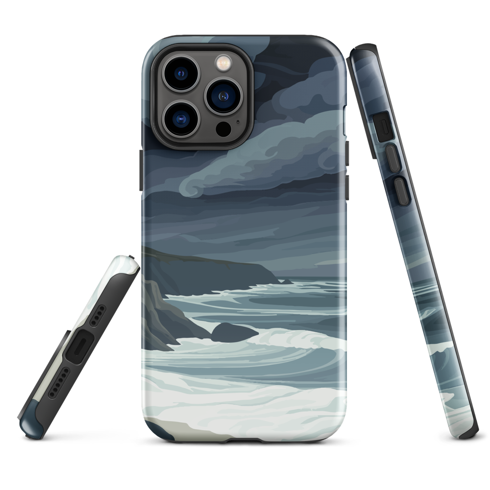 Phone case featuring moody Cape Kidnappers coastline with crashing waves and dark skies