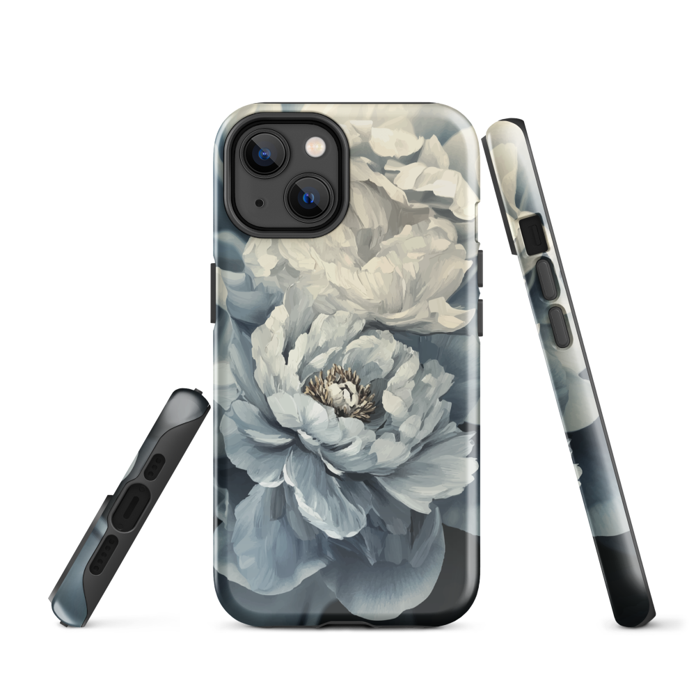 'Whisper' iPhone case features a stunning close-up of softly painted peony blooms in dreamy shades of ivory, grey, and smoky blue.