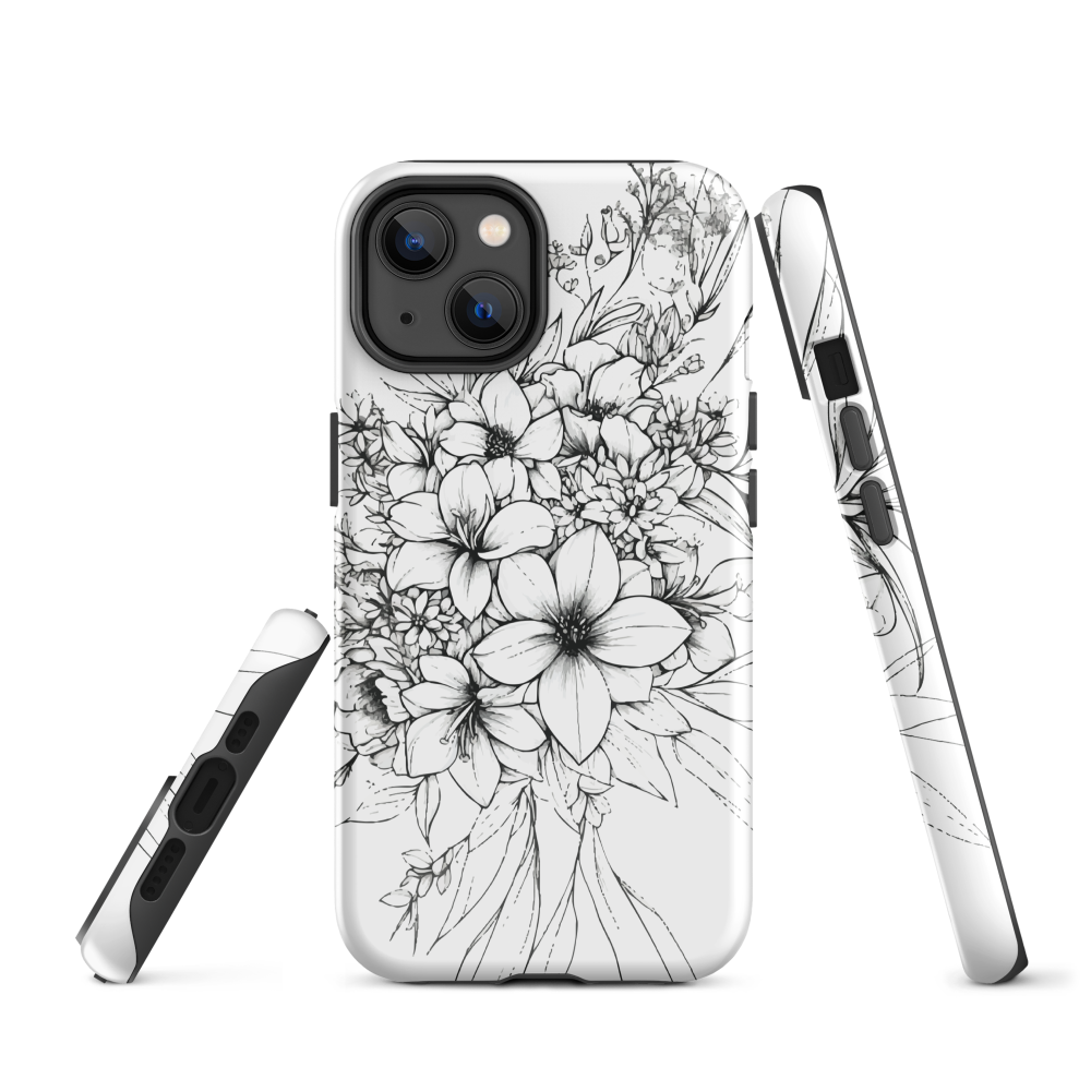 Black and white floral phone case with hand-drawn lilies and wildflowers