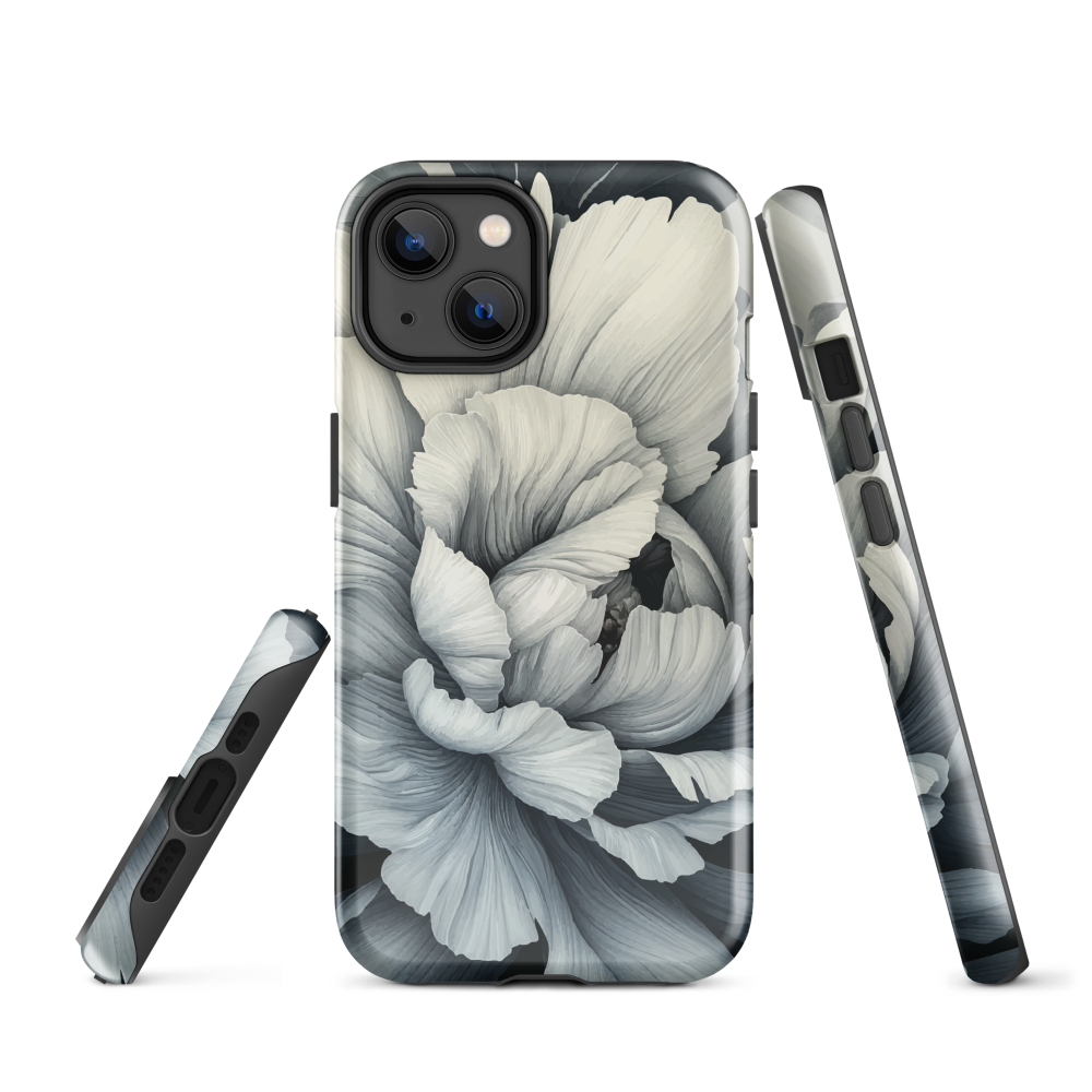 Black and white floral phone case featuring a soft, moody peony design by New Zealand artist Ben Hart.