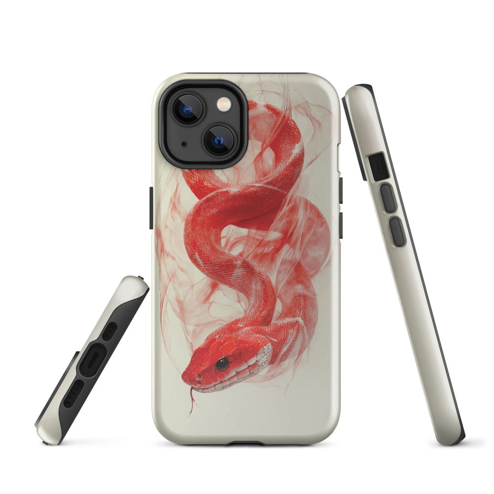 Phone case with red snake design on a cream background, coiled in smoky detail. Bold artwork by NZ designer Ben Hart.
