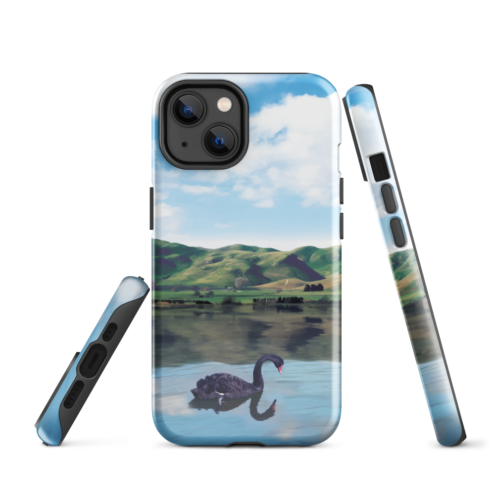 Phone case with a black swan on a calm lake, New Zealand hills in the background. Art by NZ designer Ben Hart.