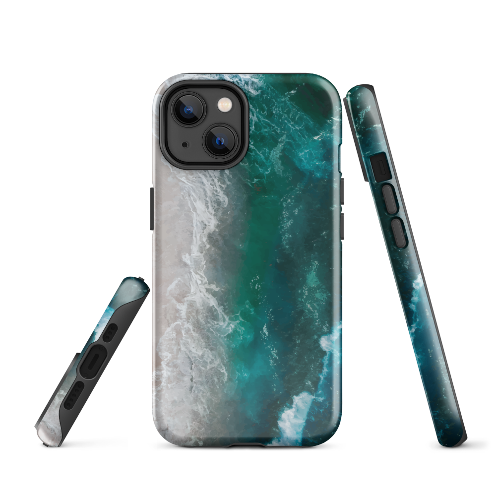 Ocean wave phone case with abstract beach design in teal and white, by NZ artist Ben Hart.