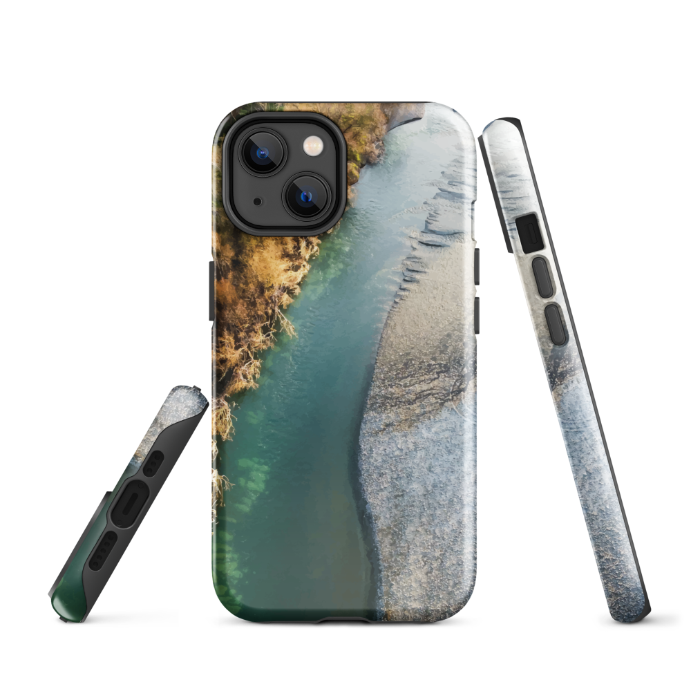 Phone case with aerial riverbend artwork and earthy tones, designed by New Zealand artist Ben Hart.