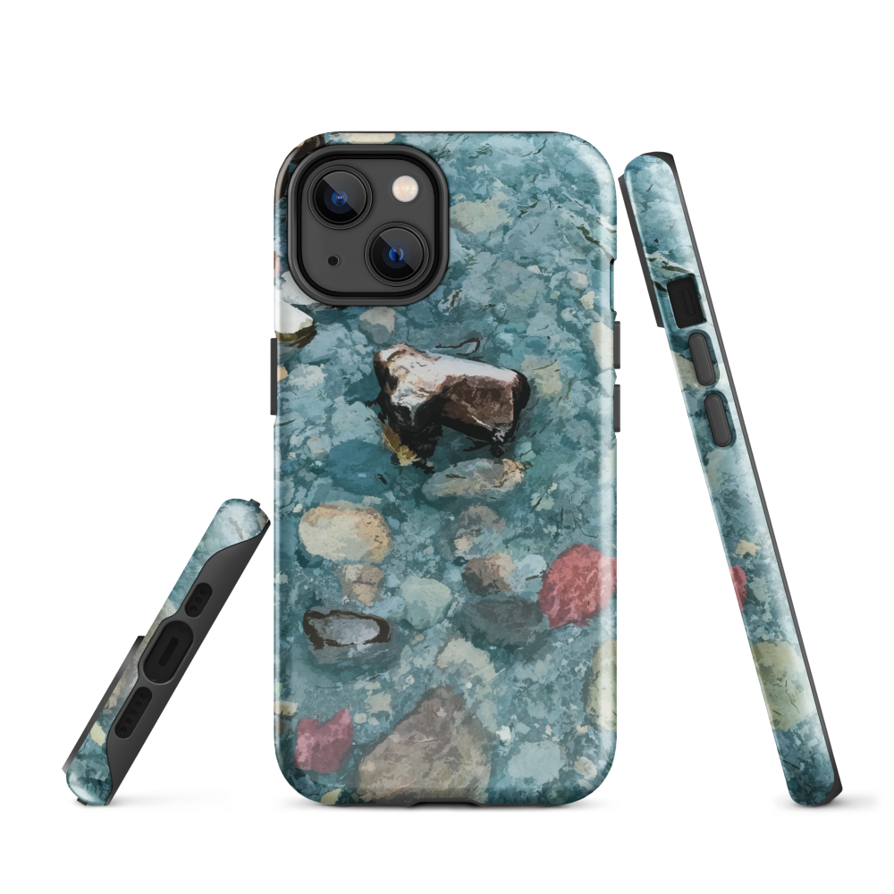 Washed Away designer phone case with abstract river stone artwork in earthy blues and natural tones.