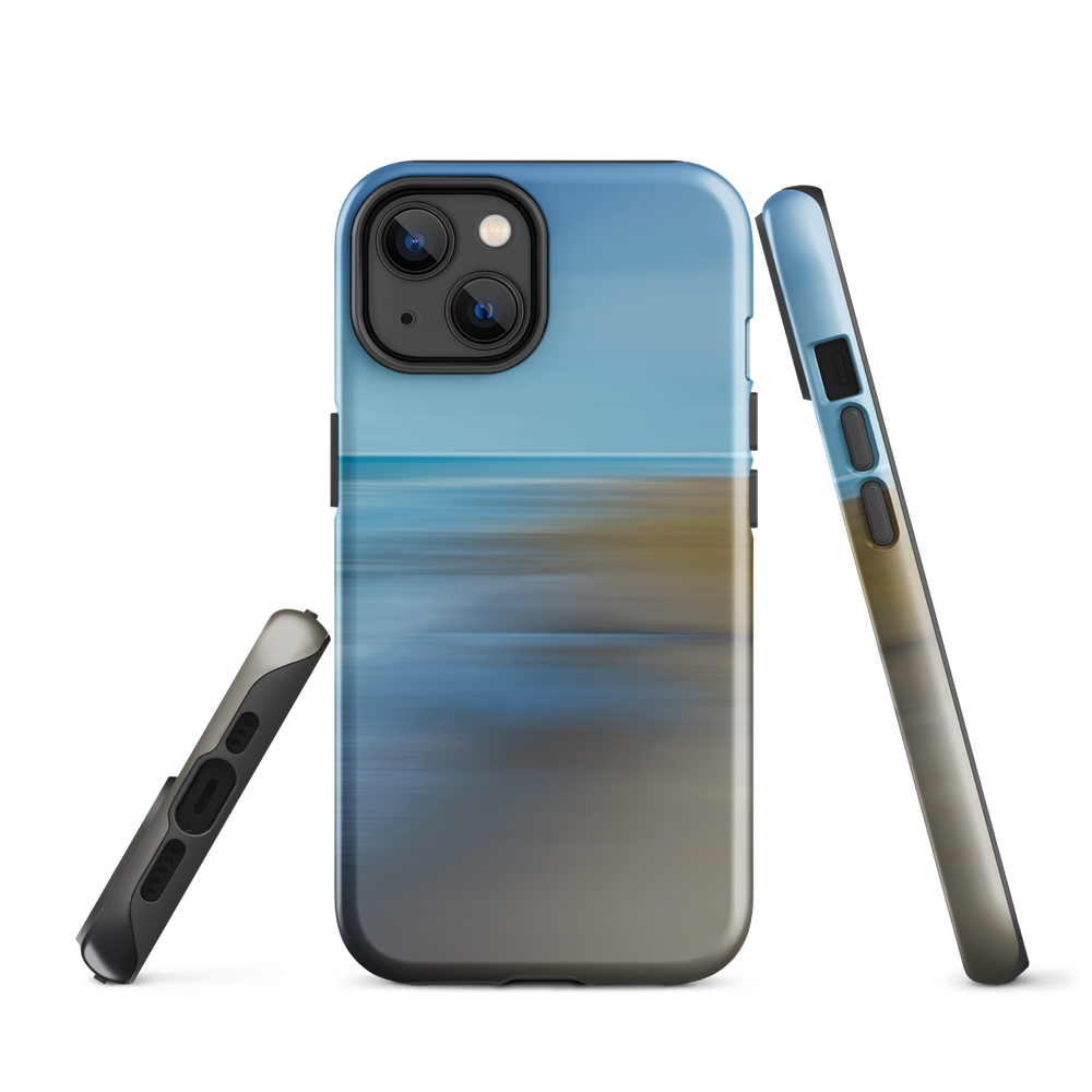 Ocean Breeze phone case with abstract blue and sandy tones inspired by sea and sky.