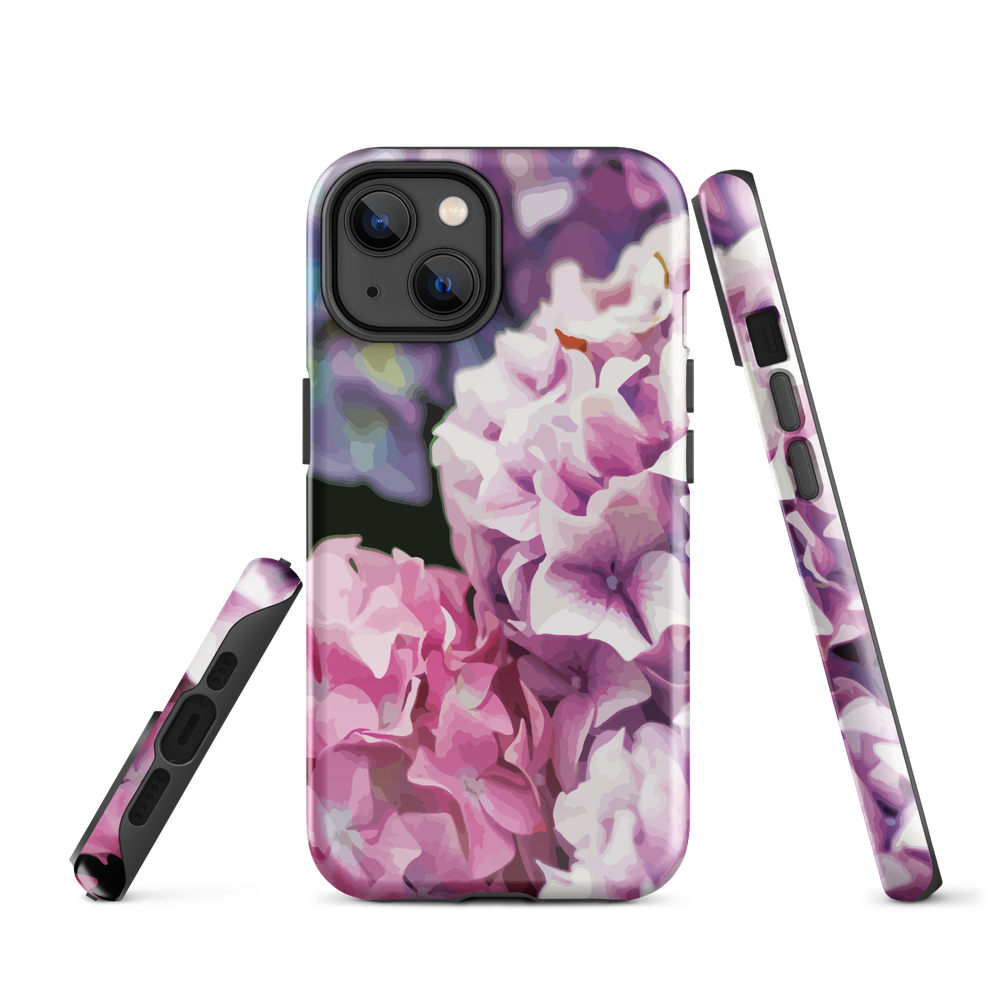 Designer phone case with pink and purple hydrangea floral artwork.