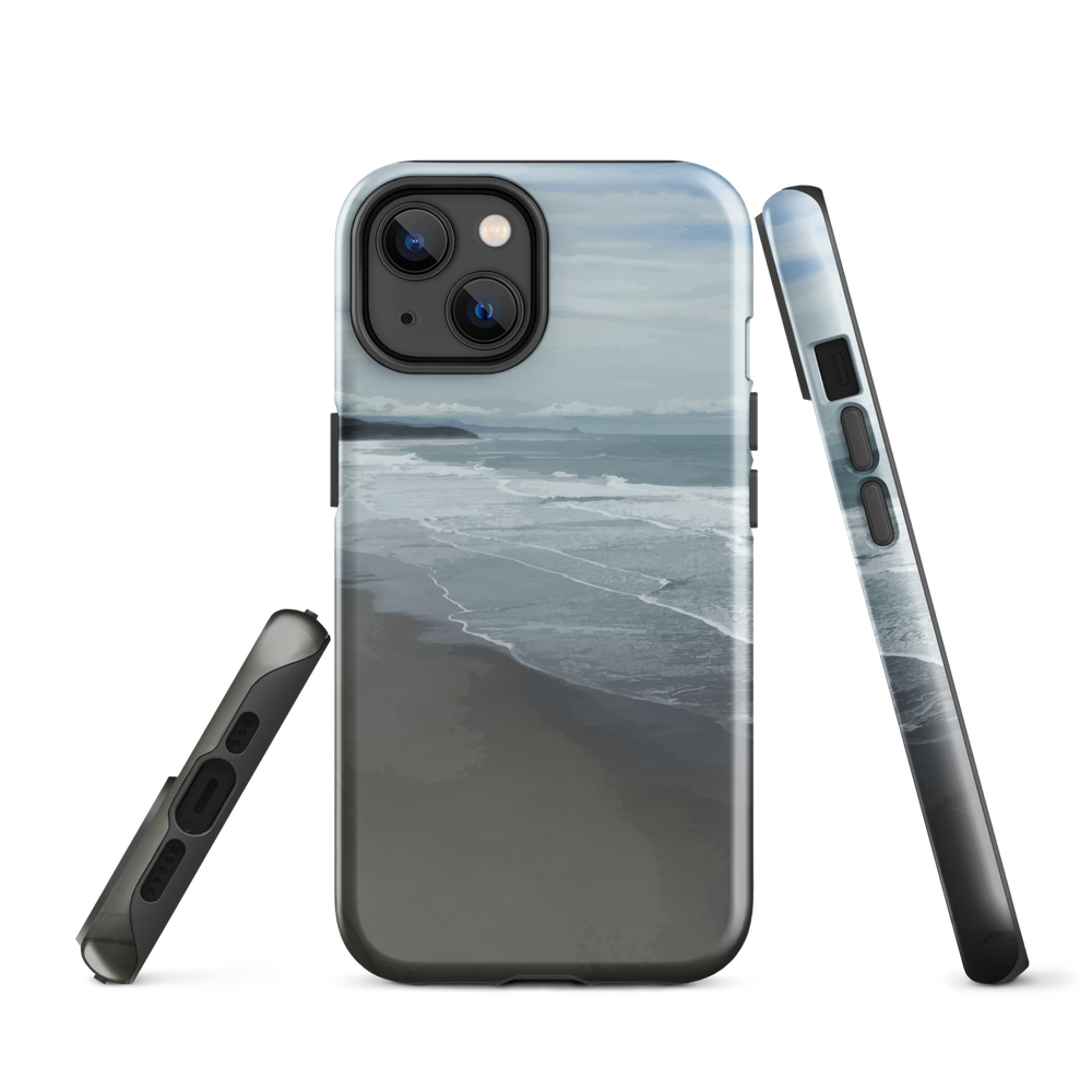 Phone case with a scenic photo of Riversdale Beach and ocean waves.