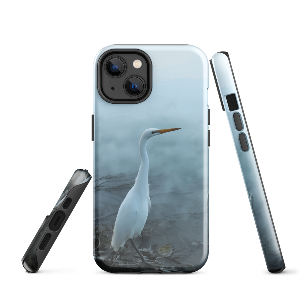 Phone case with a white heron standing in a misty wetland scene.