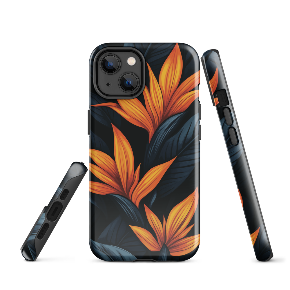 Phone case with bold orange bird of paradise flowers on dark background.