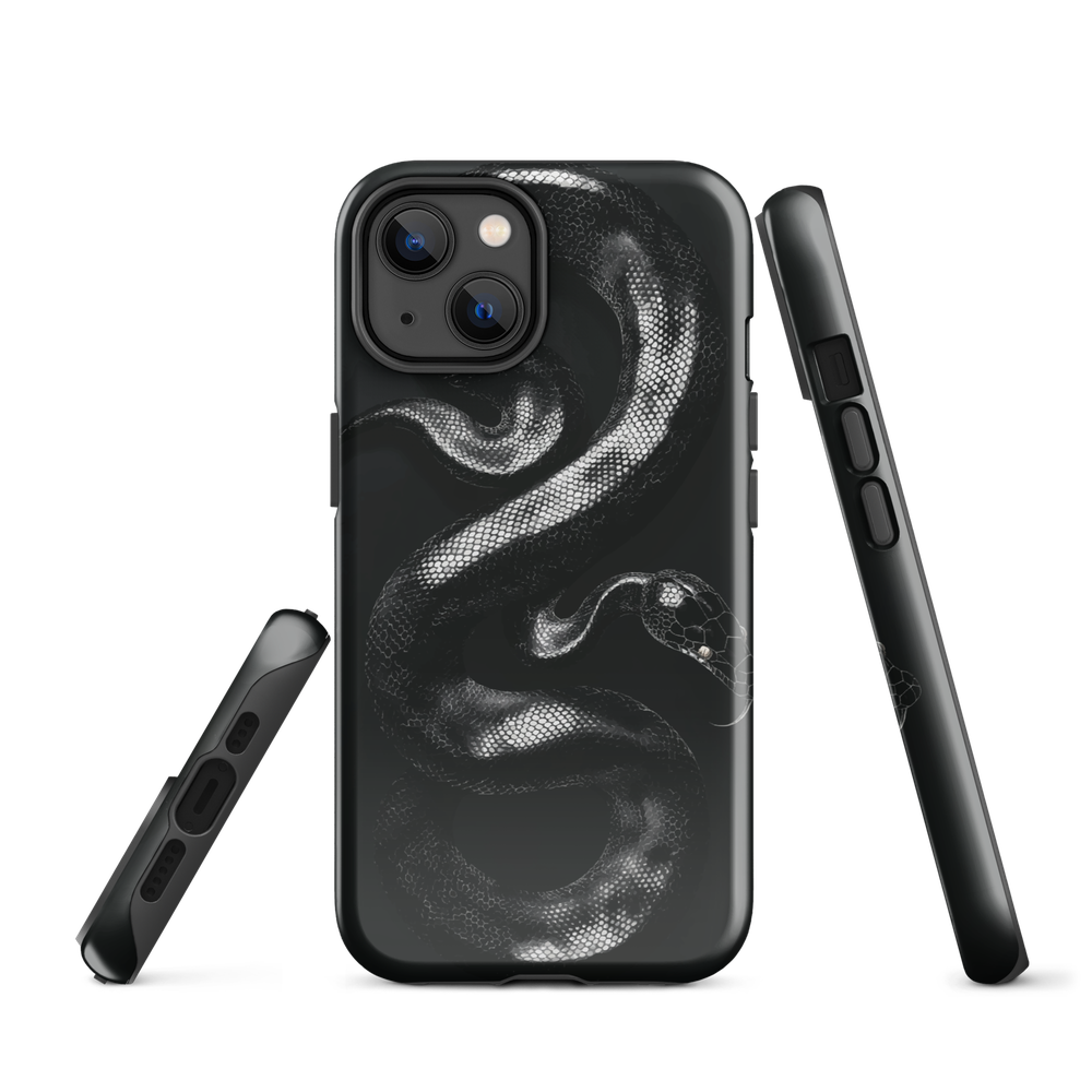 Phone case with detailed black python design on dark background.
