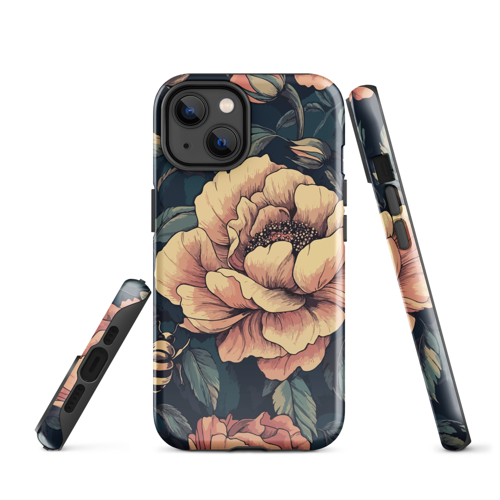 Phone case with vintage-style pink roses and bees on dark background, floral New Zealand artwork.