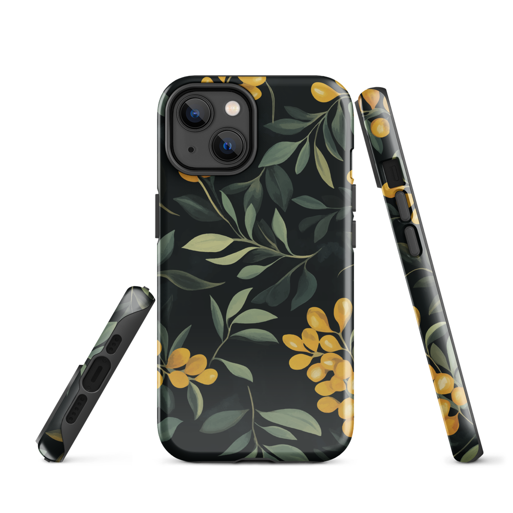 NZ Kowhai phone case with native yellow floral and green leaves on black background by designer Ben Hart.