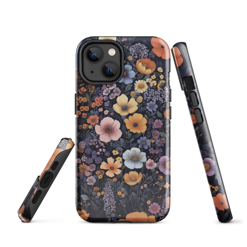 Phone case with colourful wildflowers on dark background, floral art design