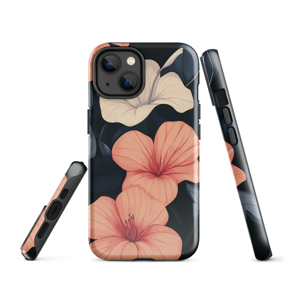 Phone case with coral hibiscus flowers and ivory blooms on dark background