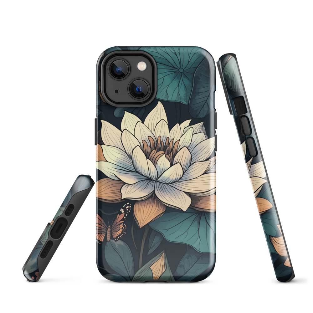 Phone case with ivory water lily, green leaves, and butterfly accents on dark background
