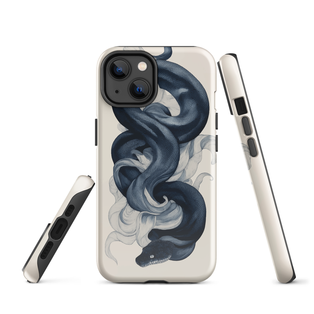 Phone case with black python and smoke design on cream background