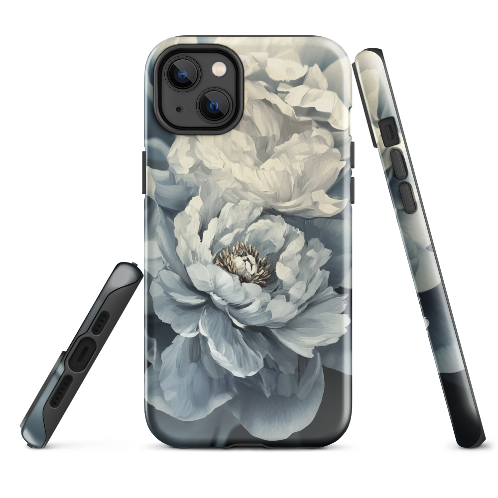 'Whisper' iPhone case features a stunning close-up of softly painted peony blooms in dreamy shades of ivory, grey, and smoky blue.