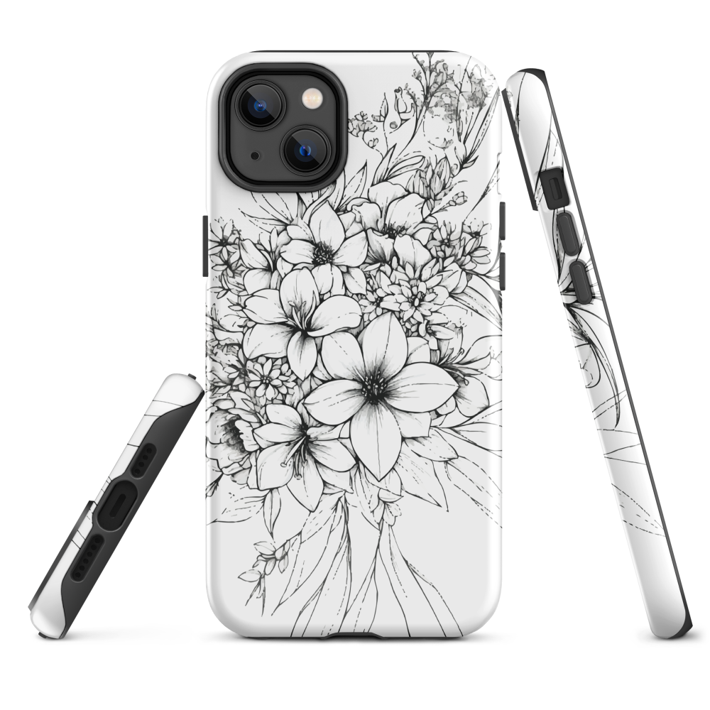 Black and white floral phone case with hand-drawn lilies and wildflowers