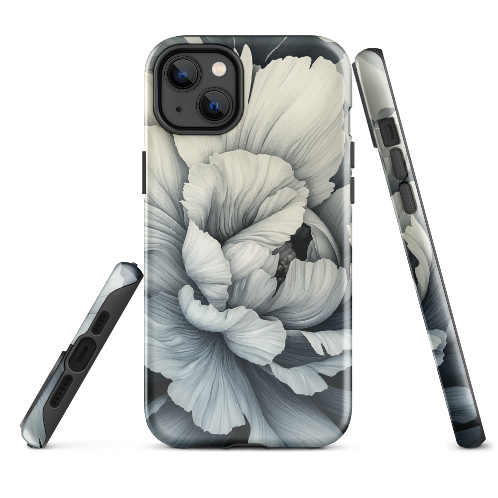 Black and white floral phone case featuring a soft, moody peony design by New Zealand artist Ben Hart.