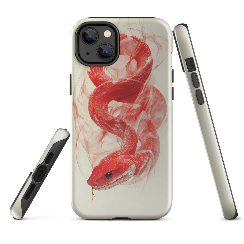 Phone case with red snake design on a cream background, coiled in smoky detail. Bold artwork by NZ designer Ben Hart.