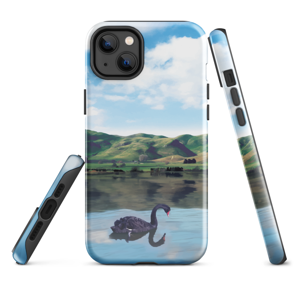 Phone case with a black swan on a calm lake, New Zealand hills in the background. Art by NZ designer Ben Hart.