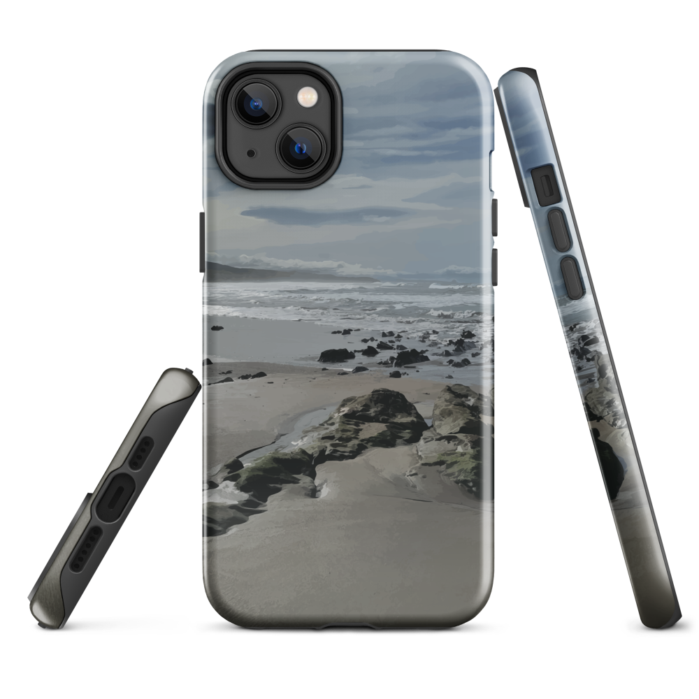 Phone case with artwork of Riversdale Beach, Masterton – rocks, waves and sky by NZ artist Ben Hart.
