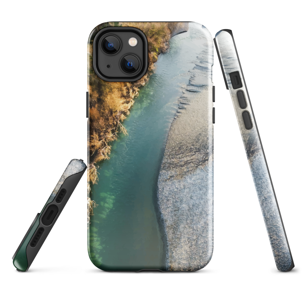 Phone case with aerial riverbend artwork and earthy tones, designed by New Zealand artist Ben Hart.