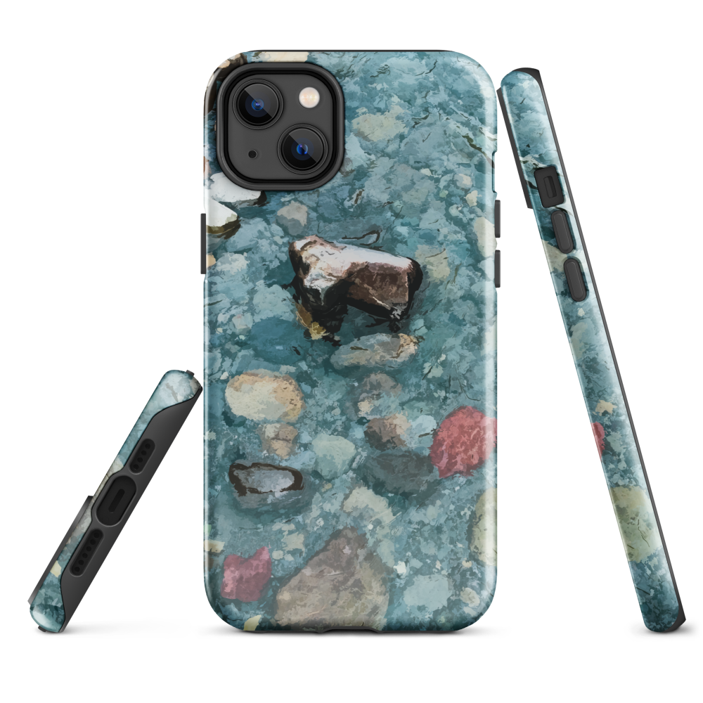 Washed Away designer phone case with abstract river stone artwork in earthy blues and natural tones.