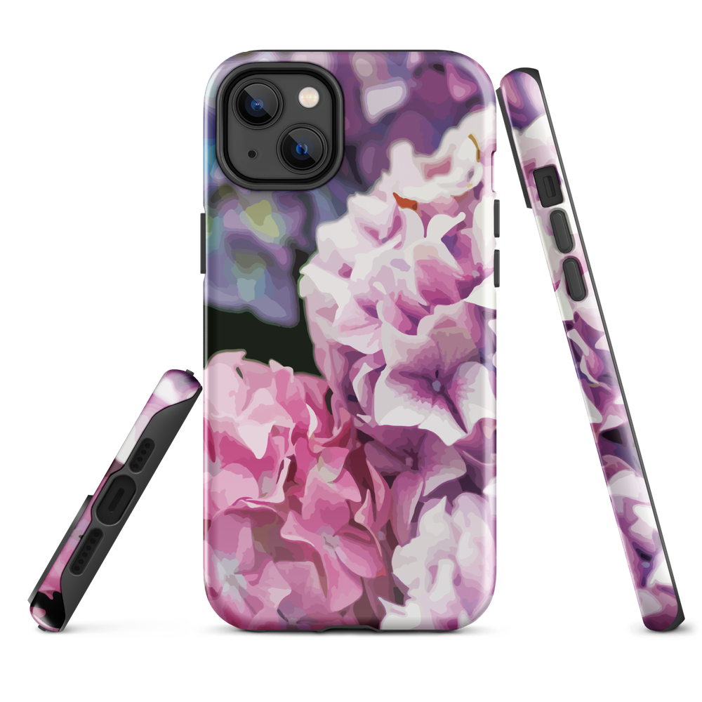 Designer phone case with pink and purple hydrangea floral artwork.