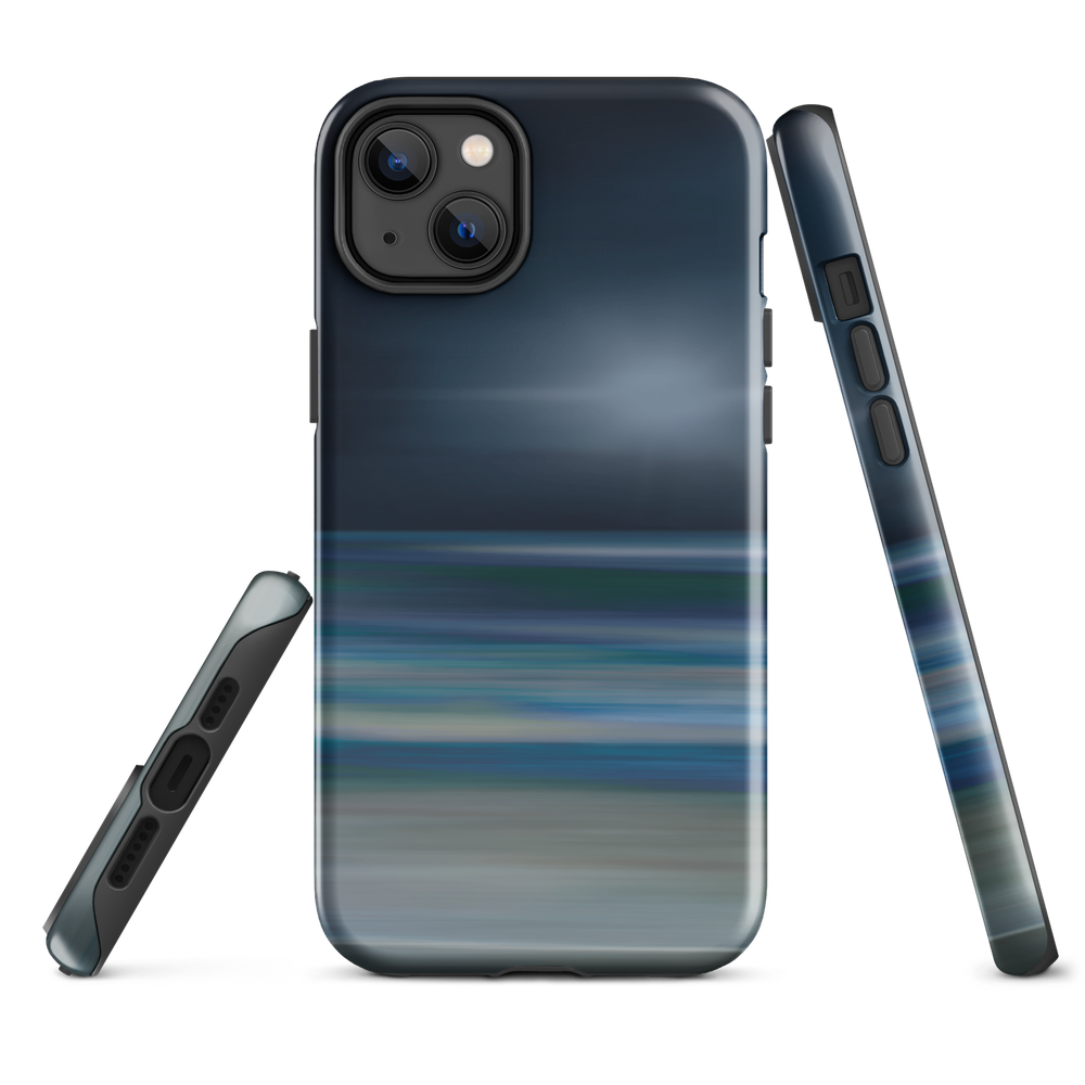 Dark abstract phone case with blue and grey streaks and glossy finish.