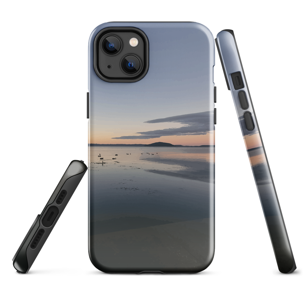 Phone case with tranquil lake scene at sunrise and distant hills.